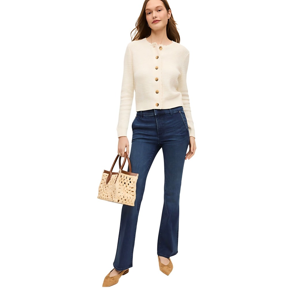 Ann Taylor Petite Flare Jeans Womens 14P Dark Wash Stretch Denim Blue 5-Pocket